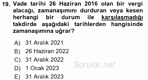 Genel Vergi Hukuku 2017 - 2018 Dönem Sonu Sınavı 19.Soru