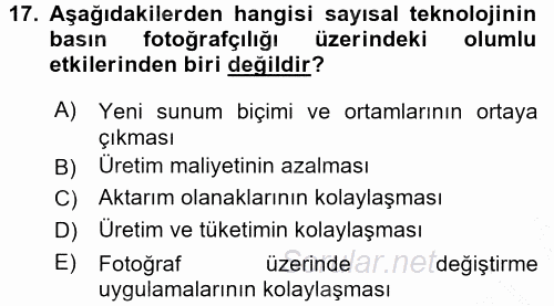 Basın Fotoğrafçılığı 2015 - 2016 Dönem Sonu Sınavı 17.Soru