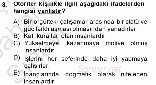 İş ve Yaşamda Motivasyon 2013 - 2014 Ara Sınavı 8.Soru