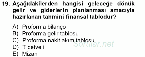 Finansal Tablolar Analizi 2014 - 2015 Tek Ders Sınavı 19.Soru