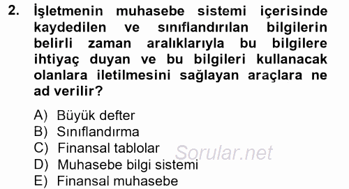 Finansal Tablolar Analizi 2014 - 2015 Tek Ders Sınavı 2.Soru