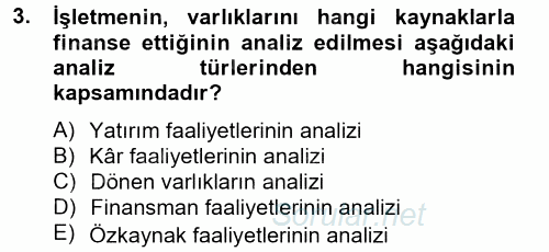 Finansal Tablolar Analizi 2014 - 2015 Tek Ders Sınavı 3.Soru