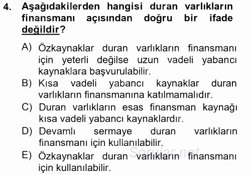 Finansal Tablolar Analizi 2014 - 2015 Tek Ders Sınavı 4.Soru