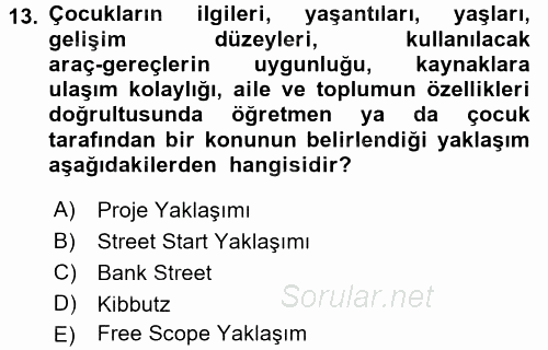 Çocuk Gelişiminde Alan Çalışmaları 2017 - 2018 Dönem Sonu Sınavı 13.Soru