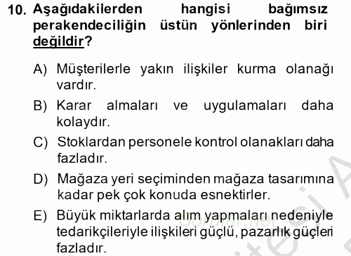 Perakendeciliğe Giriş 2014 - 2015 Dönem Sonu Sınavı 10.Soru
