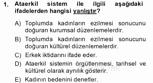 Toplumsal Cinsiyet Çalışmaları 2014 - 2015 Tek Ders Sınavı 1.Soru