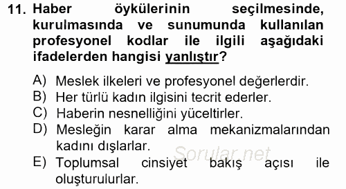 Toplumsal Cinsiyet Çalışmaları 2014 - 2015 Tek Ders Sınavı 11.Soru