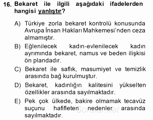 Toplumsal Cinsiyet Çalışmaları 2014 - 2015 Tek Ders Sınavı 16.Soru