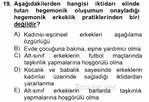 Toplumsal Cinsiyet Çalışmaları 2014 - 2015 Tek Ders Sınavı 19.Soru