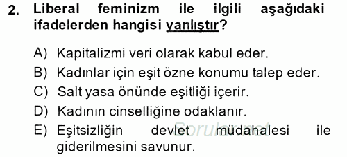 Toplumsal Cinsiyet Çalışmaları 2014 - 2015 Tek Ders Sınavı 2.Soru