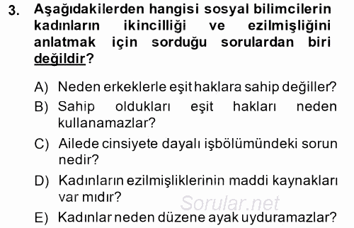 Toplumsal Cinsiyet Çalışmaları 2014 - 2015 Tek Ders Sınavı 3.Soru