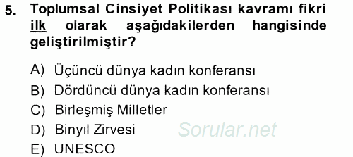 Toplumsal Cinsiyet Çalışmaları 2014 - 2015 Tek Ders Sınavı 5.Soru