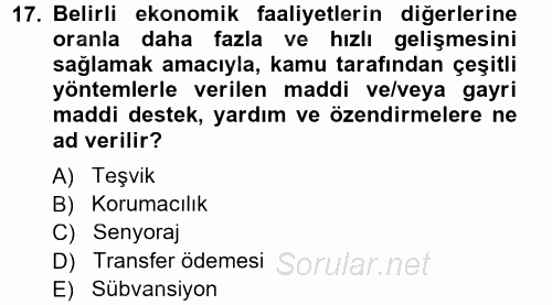 Dış Ticaretin Finansmanı ve Teşviki 2013 - 2014 Tek Ders Sınavı 17.Soru