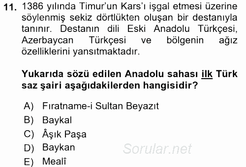 Türk Halk Şiiri 2017 - 2018 Dönem Sonu Sınavı 11.Soru