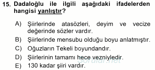 Türk Halk Şiiri 2017 - 2018 Dönem Sonu Sınavı 15.Soru