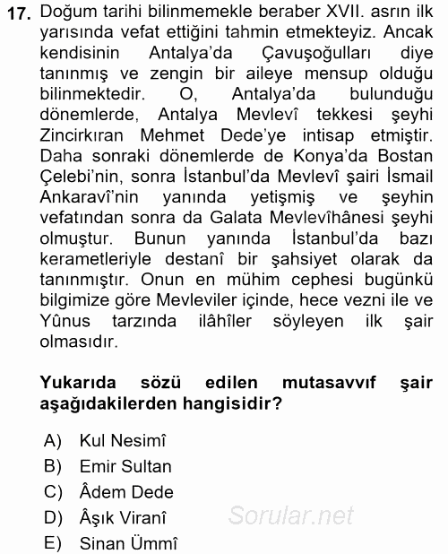 Türk Halk Şiiri 2017 - 2018 Dönem Sonu Sınavı 17.Soru