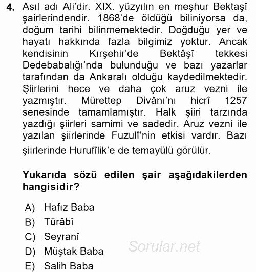 Türk Halk Şiiri 2017 - 2018 Dönem Sonu Sınavı 4.Soru
