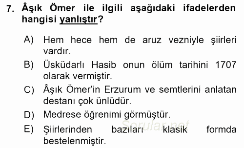 Türk Halk Şiiri 2017 - 2018 Dönem Sonu Sınavı 7.Soru