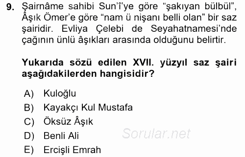 Türk Halk Şiiri 2017 - 2018 Dönem Sonu Sınavı 9.Soru