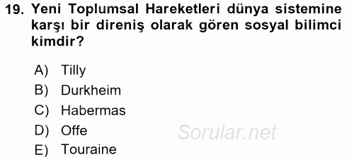 Yeni Toplumsal Hareketler 2017 - 2018 Ara Sınavı 19.Soru