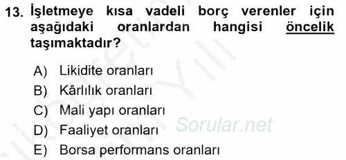 Muhasebe Denetimi ve Mali Analiz 2016 - 2017 3 Ders Sınavı 13.Soru