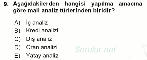 Muhasebe Denetimi ve Mali Analiz 2016 - 2017 3 Ders Sınavı 9.Soru