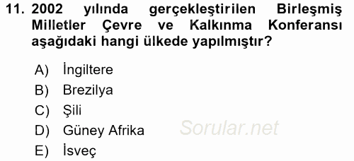 Çevre Sosyolojisi 2017 - 2018 Dönem Sonu Sınavı 11.Soru