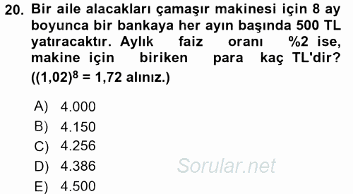 Finans Matematiği 2015 - 2016 Ara Sınavı 20.Soru