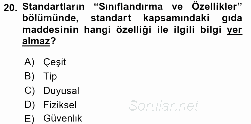 Gıda Mevzuatı ve Kalite Yönetimi 2017 - 2018 Ara Sınavı 20.Soru