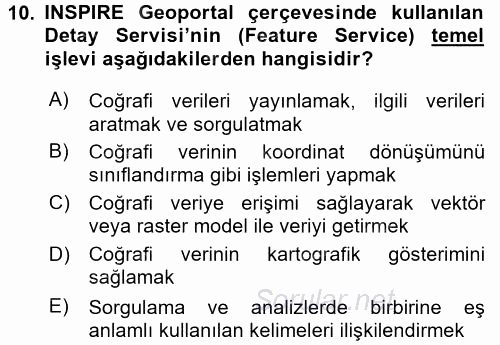 Coğrafi Bilgi Sistemleri Standartları ve Temel Mevzuat 2017 - 2018 Dönem Sonu Sınavı 10.Soru