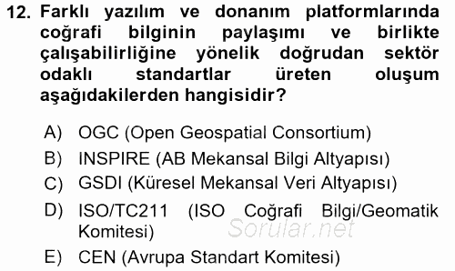 Coğrafi Bilgi Sistemleri Standartları ve Temel Mevzuat 2017 - 2018 Dönem Sonu Sınavı 12.Soru