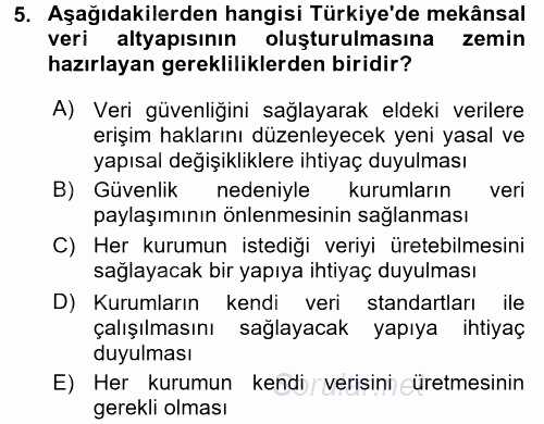 Coğrafi Bilgi Sistemleri Standartları ve Temel Mevzuat 2017 - 2018 Dönem Sonu Sınavı 5.Soru