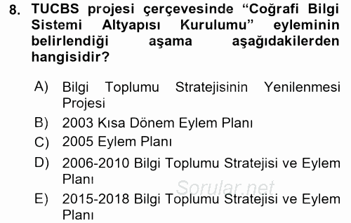 Coğrafi Bilgi Sistemleri Standartları ve Temel Mevzuat 2017 - 2018 Dönem Sonu Sınavı 8.Soru