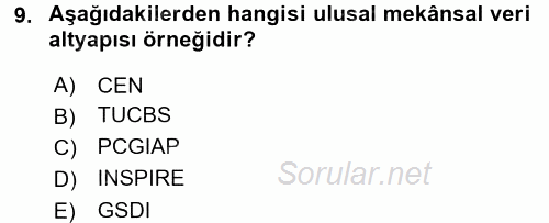 Coğrafi Bilgi Sistemleri Standartları ve Temel Mevzuat 2017 - 2018 Dönem Sonu Sınavı 9.Soru