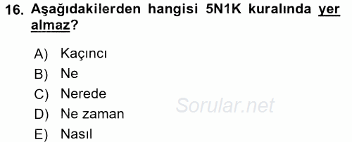 Halkla İlişkiler Uygulamaları ve Örnek Olaylar 2016 - 2017 Dönem Sonu Sınavı 16.Soru