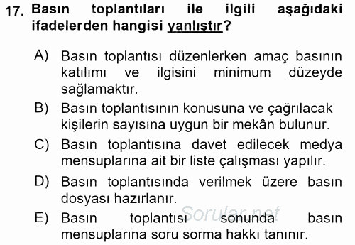 Halkla İlişkiler Uygulamaları ve Örnek Olaylar 2016 - 2017 Dönem Sonu Sınavı 17.Soru