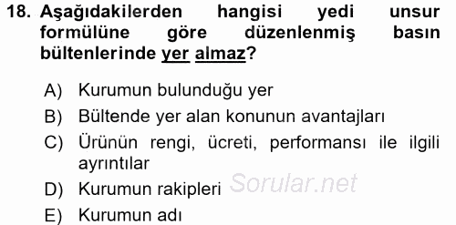 Halkla İlişkiler Uygulamaları ve Örnek Olaylar 2016 - 2017 Dönem Sonu Sınavı 18.Soru