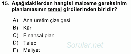 İş Planı 2015 - 2016 Ara Sınavı 15.Soru