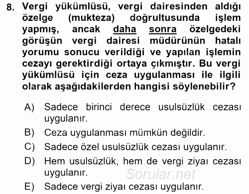 Vergi Ceza Hukuku 2016 - 2017 Ara Sınavı 8.Soru