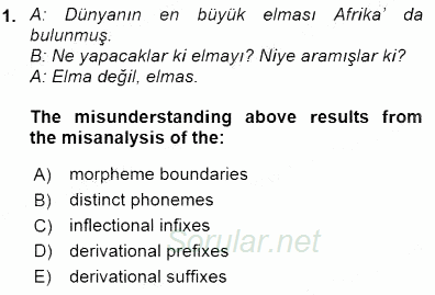 Türkçe Ses Ve Biçim Bilgisi 2015 - 2016 Dönem Sonu Sınavı 1.Soru