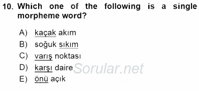 Türkçe Ses Ve Biçim Bilgisi 2015 - 2016 Dönem Sonu Sınavı 10.Soru
