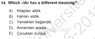 Türkçe Ses Ve Biçim Bilgisi 2015 - 2016 Dönem Sonu Sınavı 14.Soru