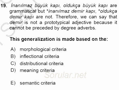 Türkçe Ses Ve Biçim Bilgisi 2015 - 2016 Dönem Sonu Sınavı 19.Soru