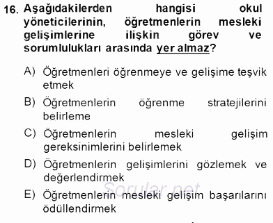 Öğretmenlikte Mesleki Gelişim 2014 - 2015 Dönem Sonu Sınavı 16.Soru