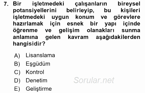 İşletmelerde Eğitim ve Geliştirme 2017 - 2018 Dönem Sonu Sınavı 7.Soru