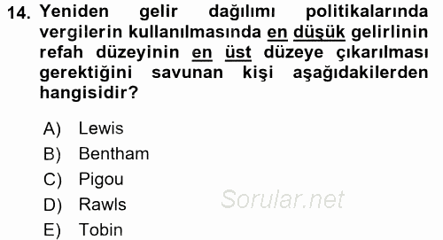 Maliye Politikası 2015 - 2016 Dönem Sonu Sınavı 14.Soru