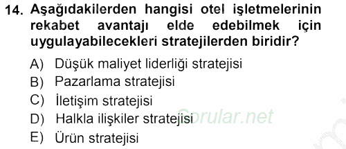 Otel İşletmelerinde Destek Hizmetleri 2012 - 2013 Ara Sınavı 14.Soru