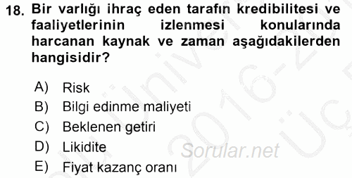 Finansal Ekonomi 2016 - 2017 3 Ders Sınavı 18.Soru