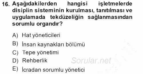 İnsan Kaynakları Yönetimi 2013 - 2014 Dönem Sonu Sınavı 16.Soru