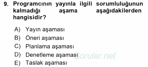 Radyo ve Televizyon Programcılığının Temel Kavramları 2015 - 2016 Dönem Sonu Sınavı 9.Soru
